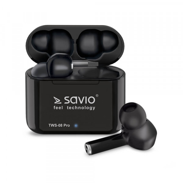 SAVIO BEZPRZEWODOWE SŁUCHAWKI BLUETOOTH 5.0 Z POWER BANKIEM, CZARNE TWS-08 PRO